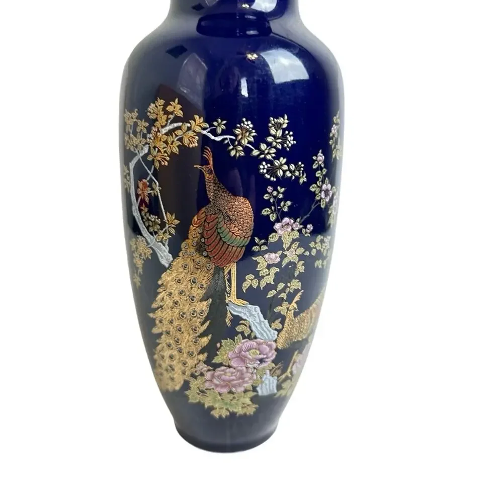 Vintage Peacock Japanese Cobalt Vase National Silver Company Nagoya Japan